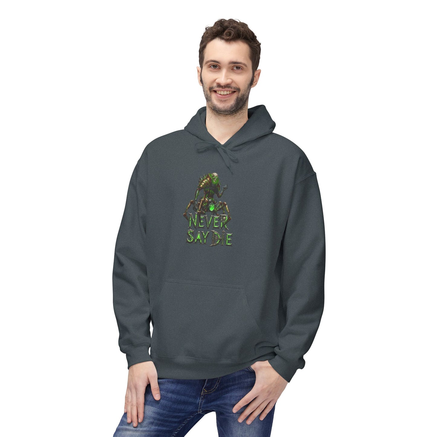 Hoodie with 'Never Say Die' Design - Perfect for Gamers, Motivational Gift, Casual Wear, Unisex Indoor/Outdoor Style