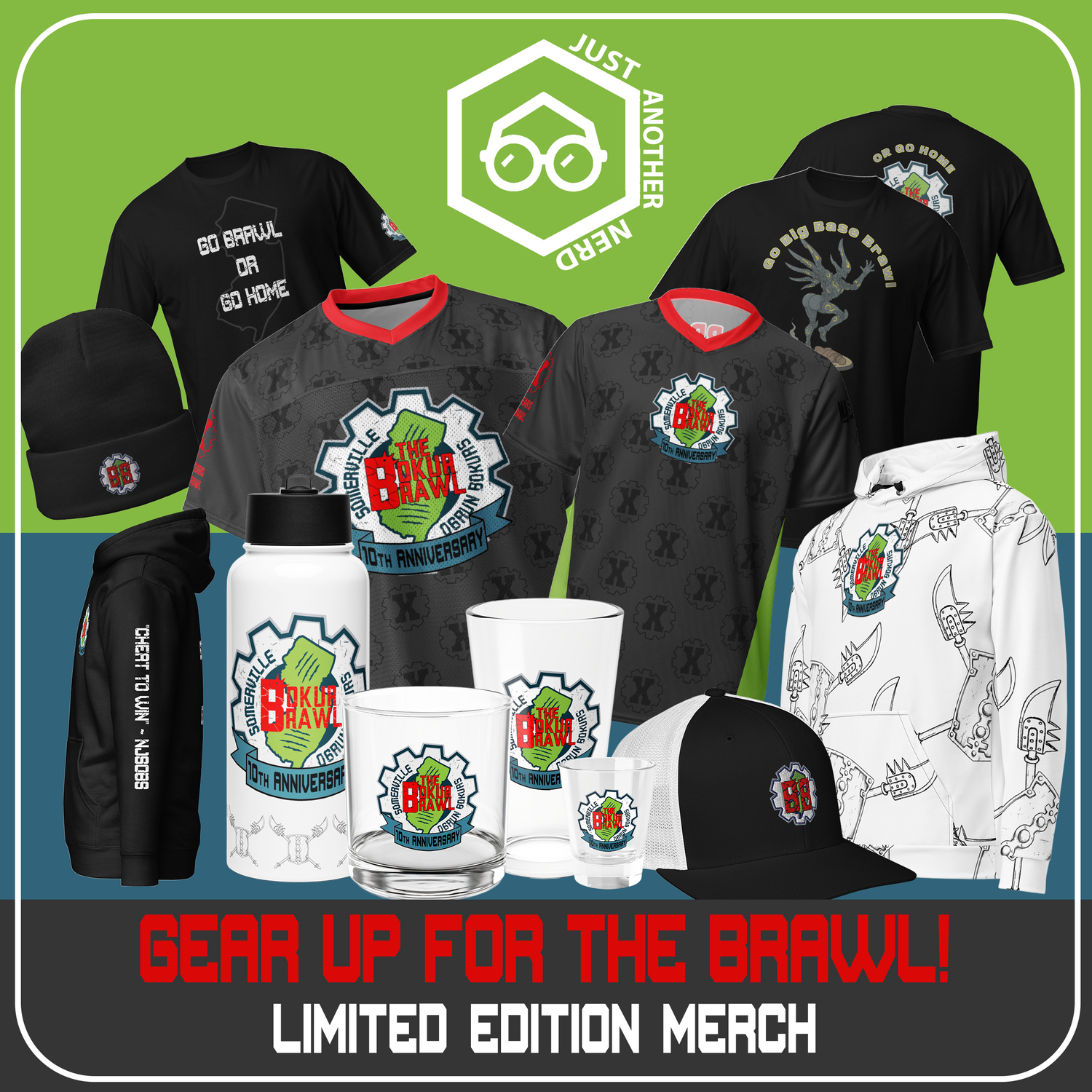 Collection of Bokur Brawl gaming tournament event merchandise with logos and text on a green and blue gradient background