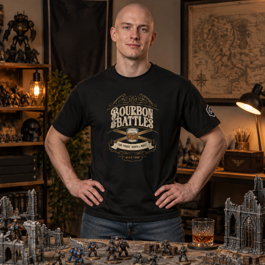 Bourbon & Battles Vintage Distillery T-Shirt | Tabletop Wargaming & Dice Apparel