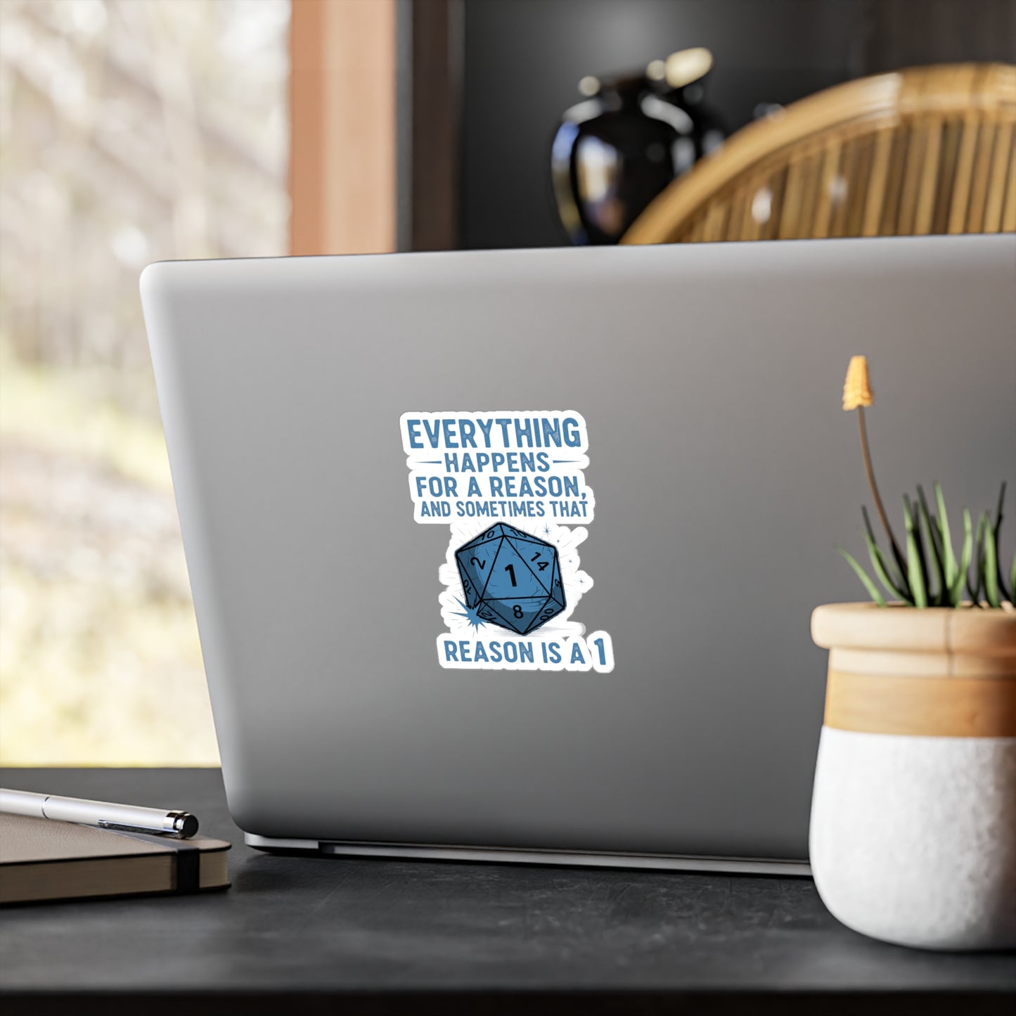 Everything Happens for a Reason Dice Roll White and Blue Vinyl Decal, Humorous Stickers for Laptops, Water Bottles, Home Decor, Quirky Gifts