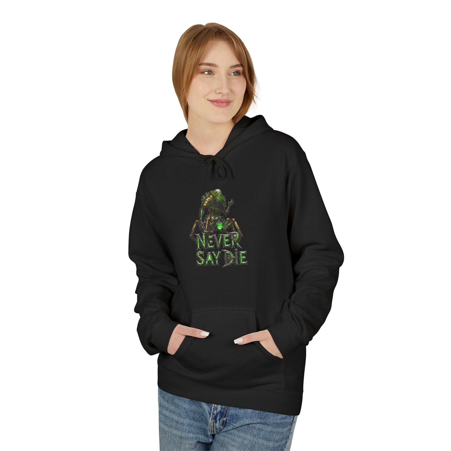 Hoodie with 'Never Say Die' Design - Perfect for Gamers, Motivational Gift, Casual Wear, Unisex Indoor/Outdoor Style