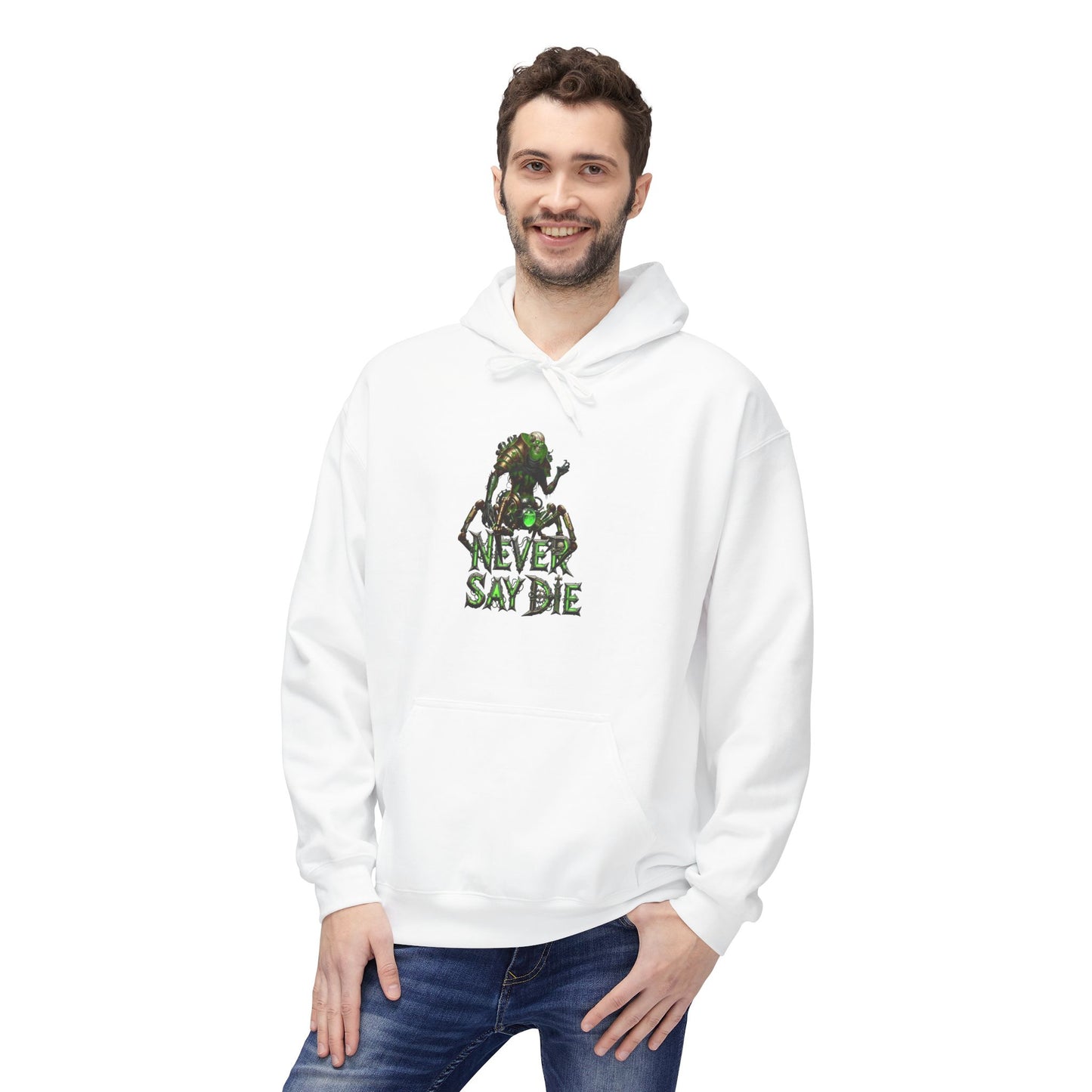 Hoodie with 'Never Say Die' Design - Perfect for Gamers, Motivational Gift, Casual Wear, Unisex Indoor/Outdoor Style