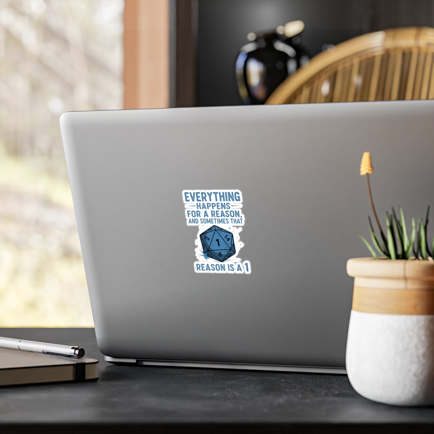 Everything Happens for a Reason Dice Roll White and Blue Vinyl Decal, Humorous Stickers for Laptops, Water Bottles, Home Decor, Quirky Gifts