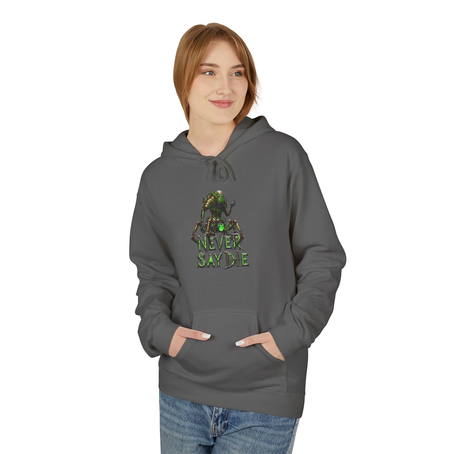 Hoodie with 'Never Say Die' Design - Perfect for Gamers, Motivational Gift, Casual Wear, Unisex Indoor/Outdoor Style