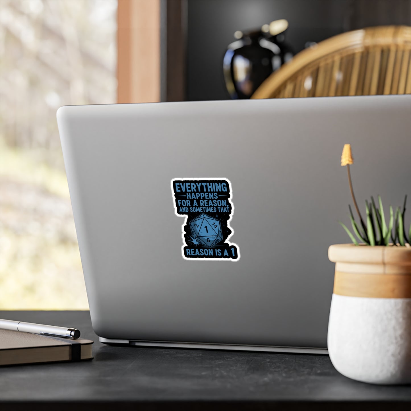 Everything Happens for a Reason Dice Roll Black and Blue Vinyl Decal, Humorous Stickers for Laptops, Water Bottles, Home Decor, Quirky Gifts