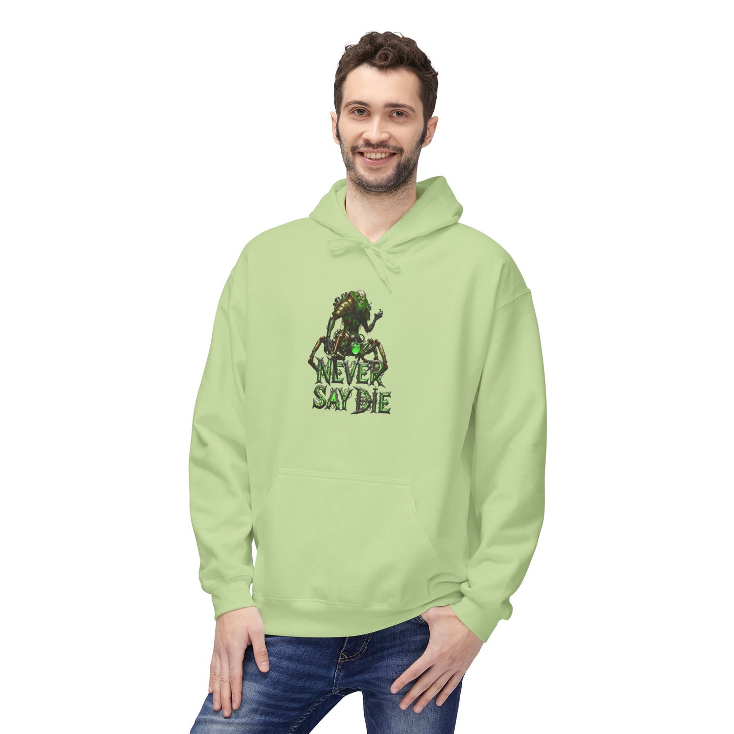 Hoodie with 'Never Say Die' Design - Perfect for Gamers, Motivational Gift, Casual Wear, Unisex Indoor/Outdoor Style
