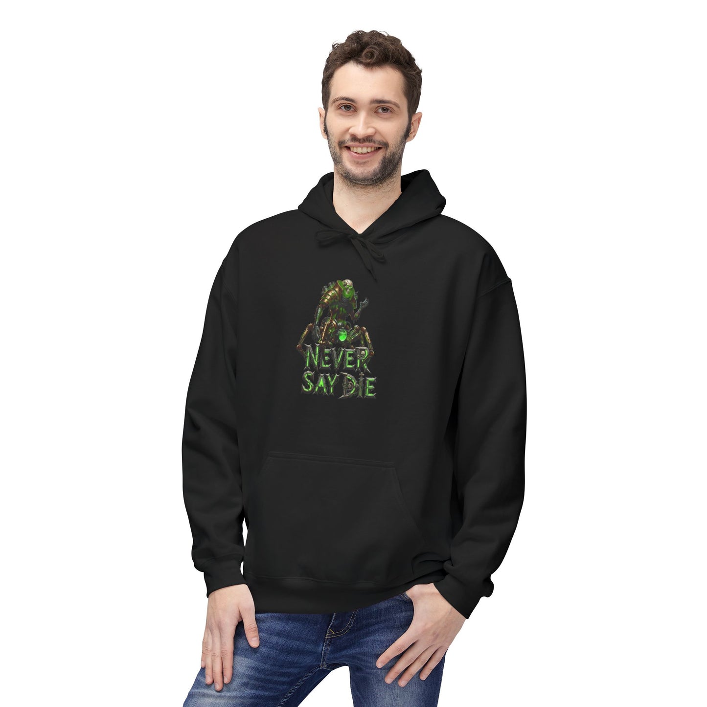 Hoodie with 'Never Say Die' Design - Perfect for Gamers, Motivational Gift, Casual Wear, Unisex Indoor/Outdoor Style