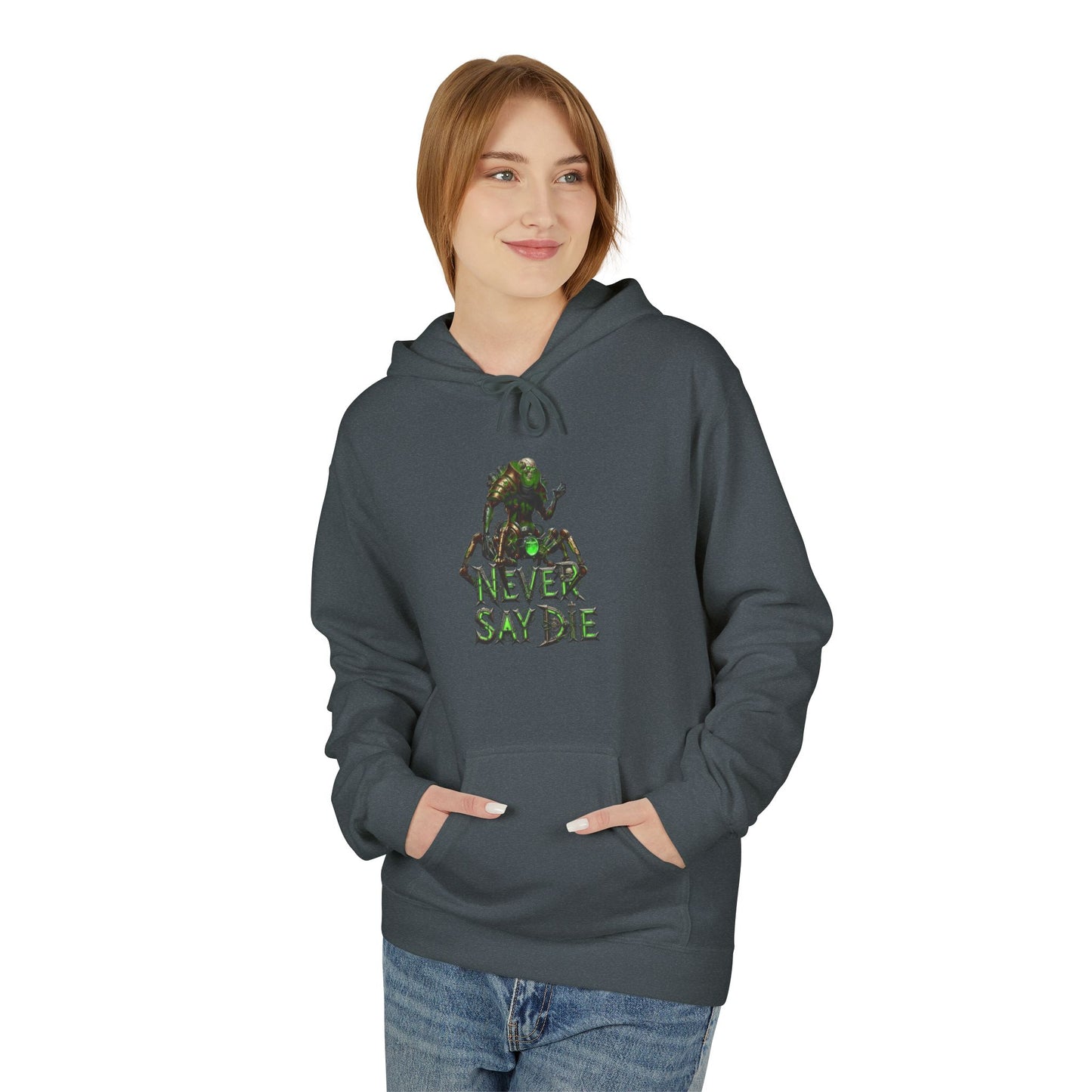 Hoodie with 'Never Say Die' Design - Perfect for Gamers, Motivational Gift, Casual Wear, Unisex Indoor/Outdoor Style