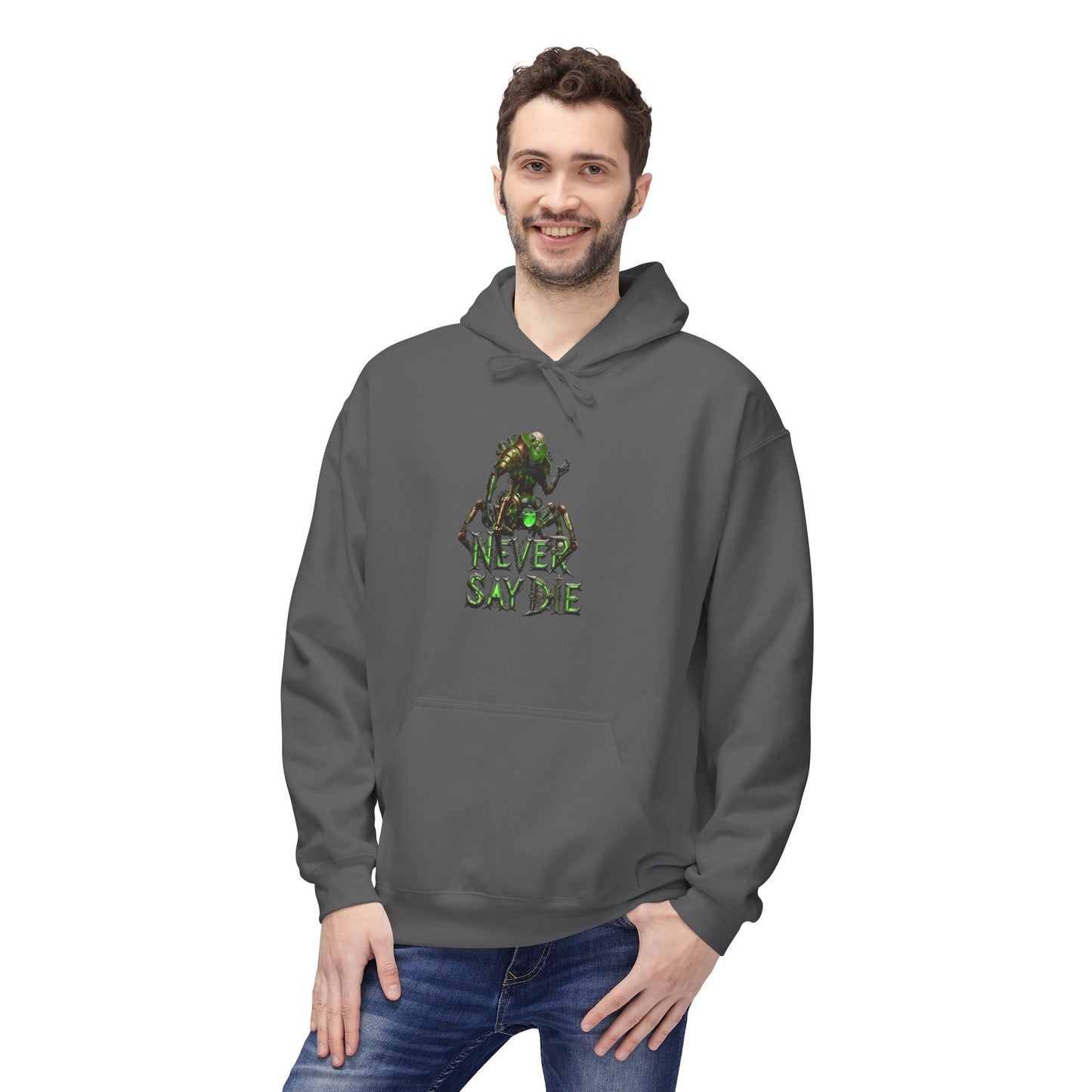 Hoodie with 'Never Say Die' Design - Perfect for Gamers, Motivational Gift, Casual Wear, Unisex Indoor/Outdoor Style