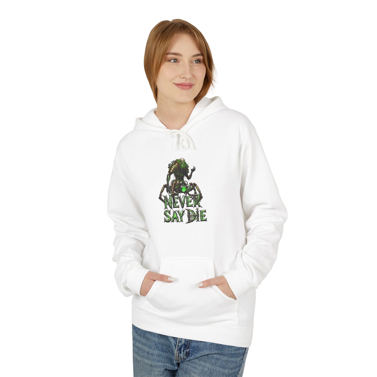 Hoodie with 'Never Say Die' Design - Perfect for Gamers, Motivational Gift, Casual Wear, Unisex Indoor/Outdoor Style