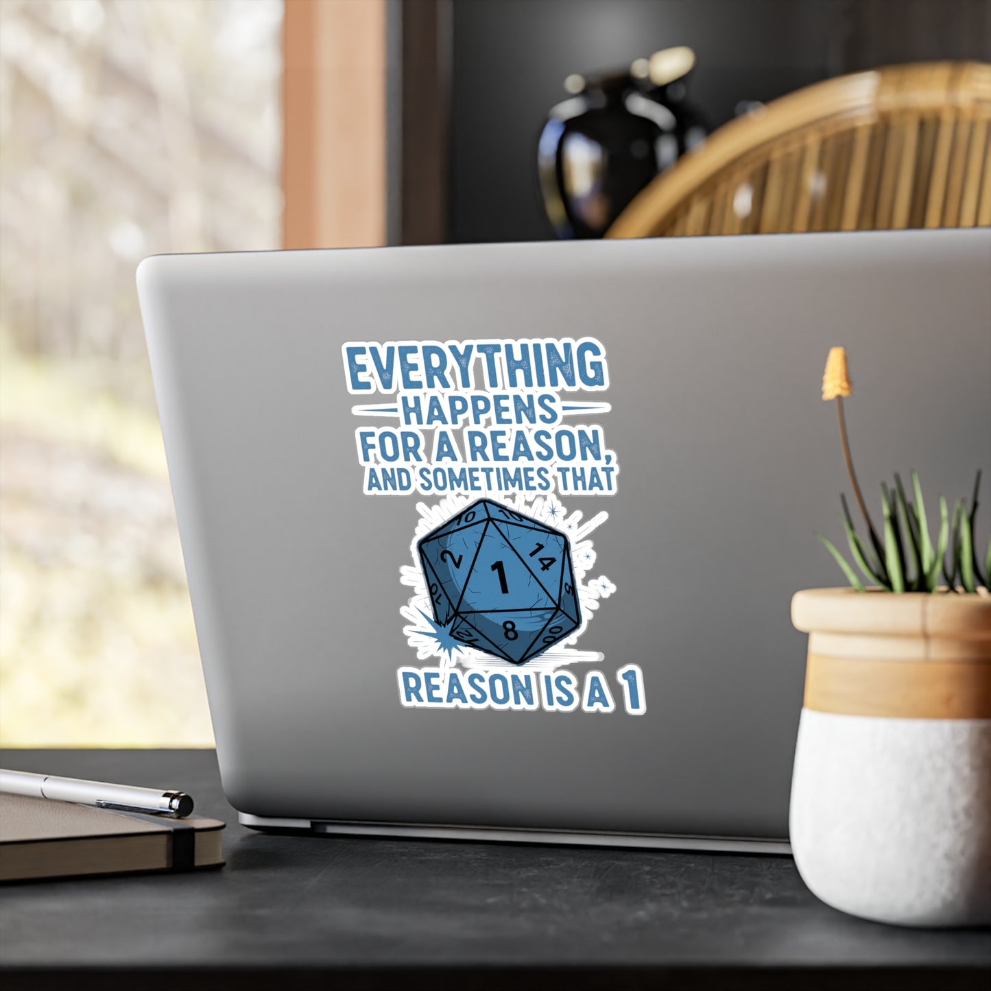 Everything Happens for a Reason Dice Roll White and Blue Vinyl Decal, Humorous Stickers for Laptops, Water Bottles, Home Decor, Quirky Gifts