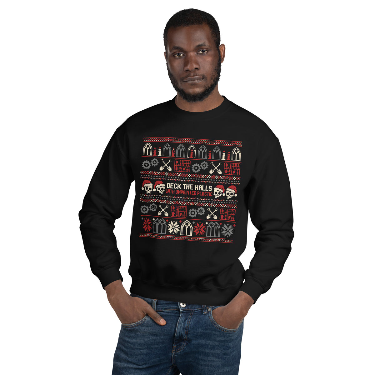 "Deck the Halls with Unpainted Plastic" Ugly Sweater Graphic Crewneck Sweatshirt