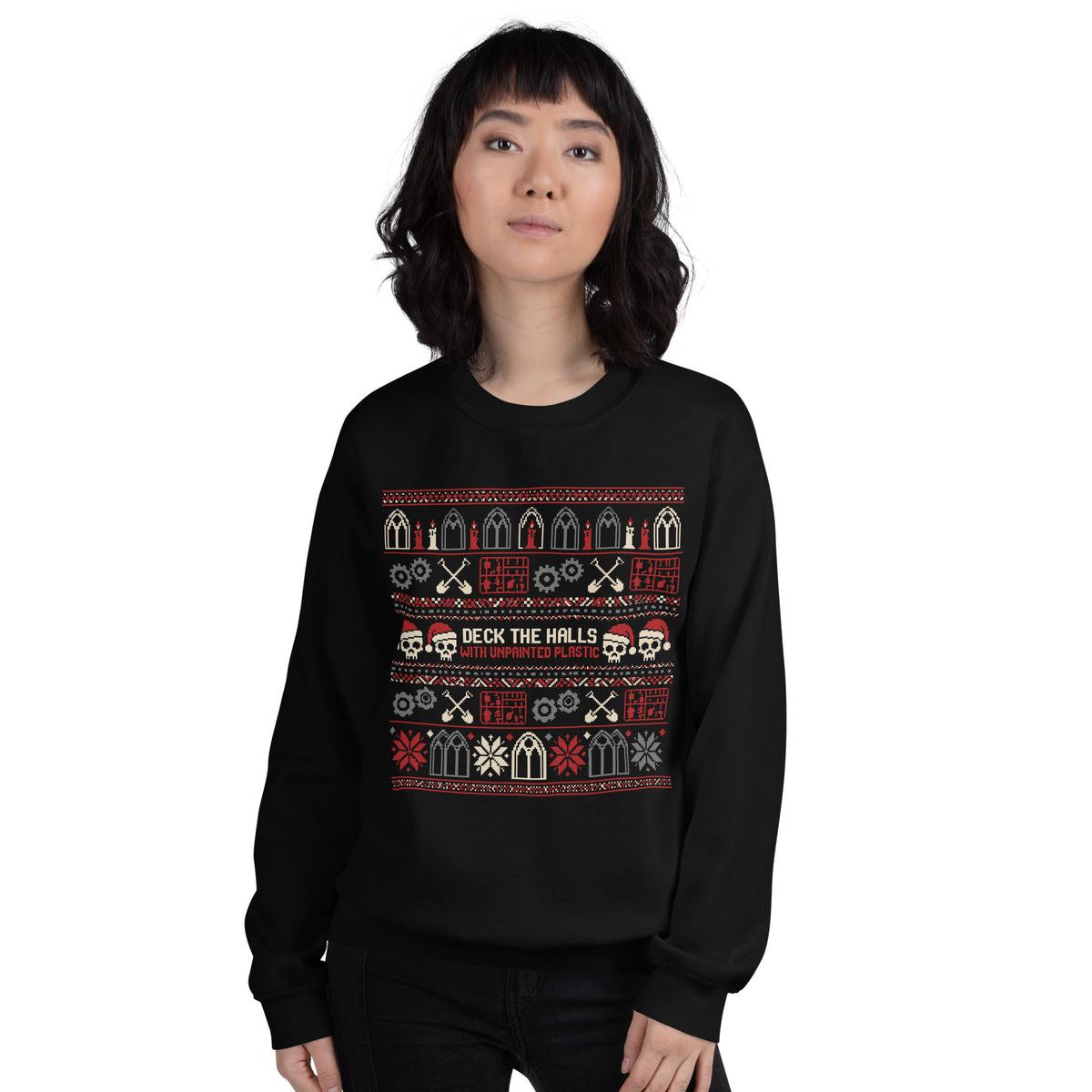 "Deck the Halls with Unpainted Plastic" Ugly Sweater Graphic Crewneck Sweatshirt