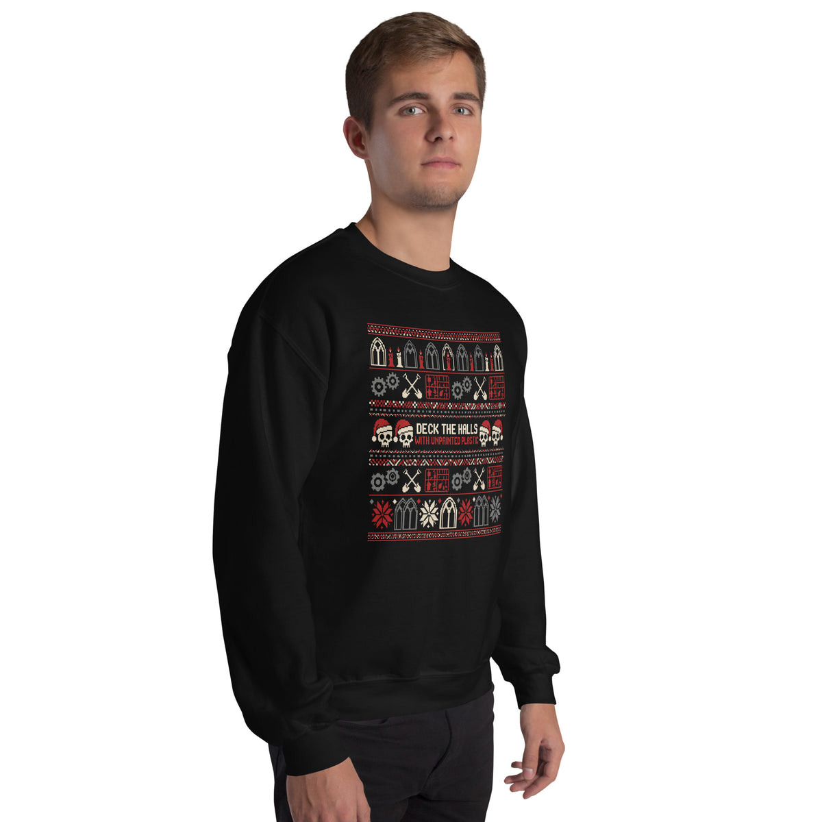 "Deck the Halls with Unpainted Plastic" Ugly Sweater Graphic Crewneck Sweatshirt
